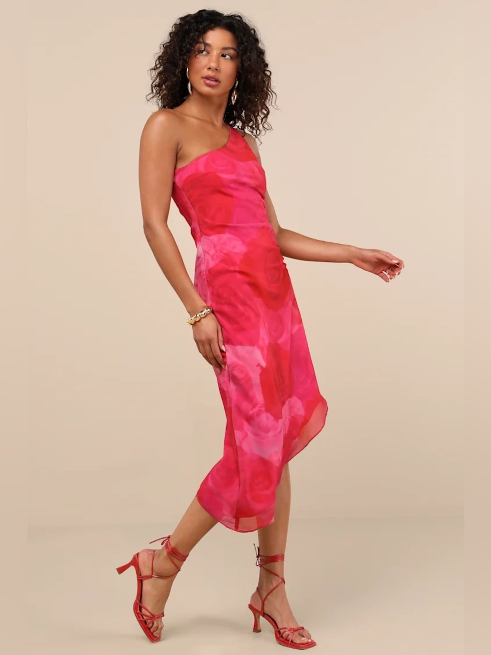 Lulus Pretty Serene Pink Floral One-Shoulder Asymmetrical Midi Dress